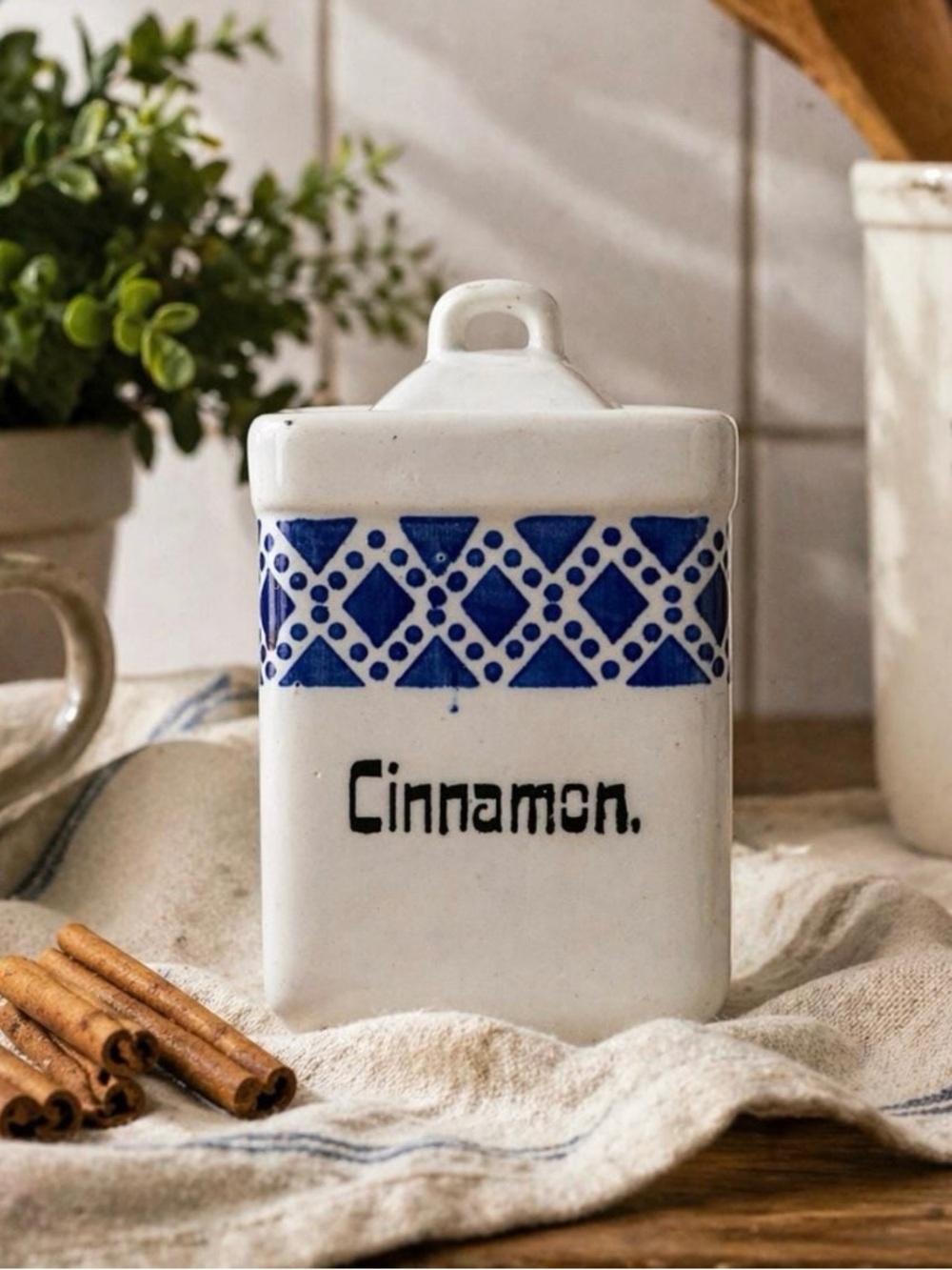 Vintage German Porcelain Cinnamon Canister - Blue White Kitchen Spice Jar